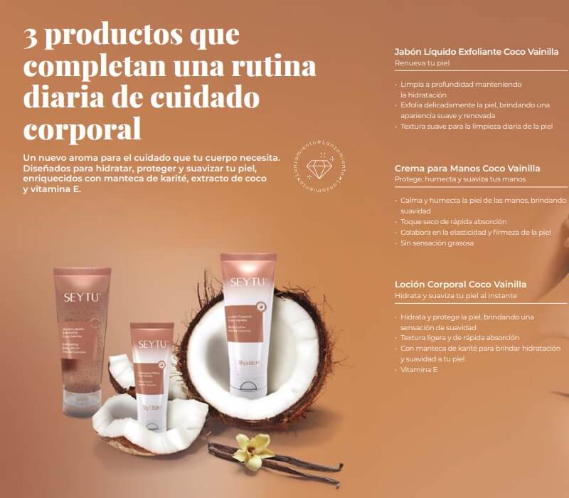 JABON LIQUIDO EXFOLIANTE COCO VAINILLA SEYTÚ Renovar piel productos cosmeticos omnilife como donde comprar online por internet delivery
